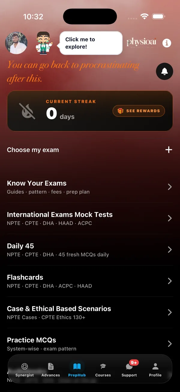 PrepHub in the PhysioAI app, with exam mock tests, Daily 45, flashcards and case scenarios