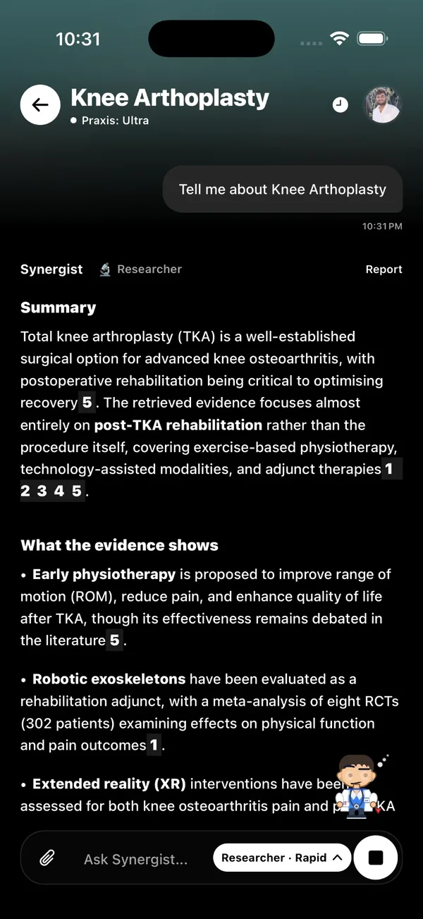 Synergist answering a question about knee arthroplasty with cited evidence